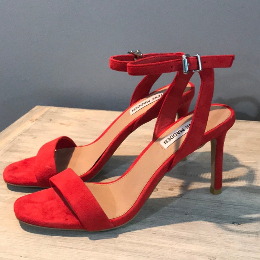 Red suede strap closure sandal